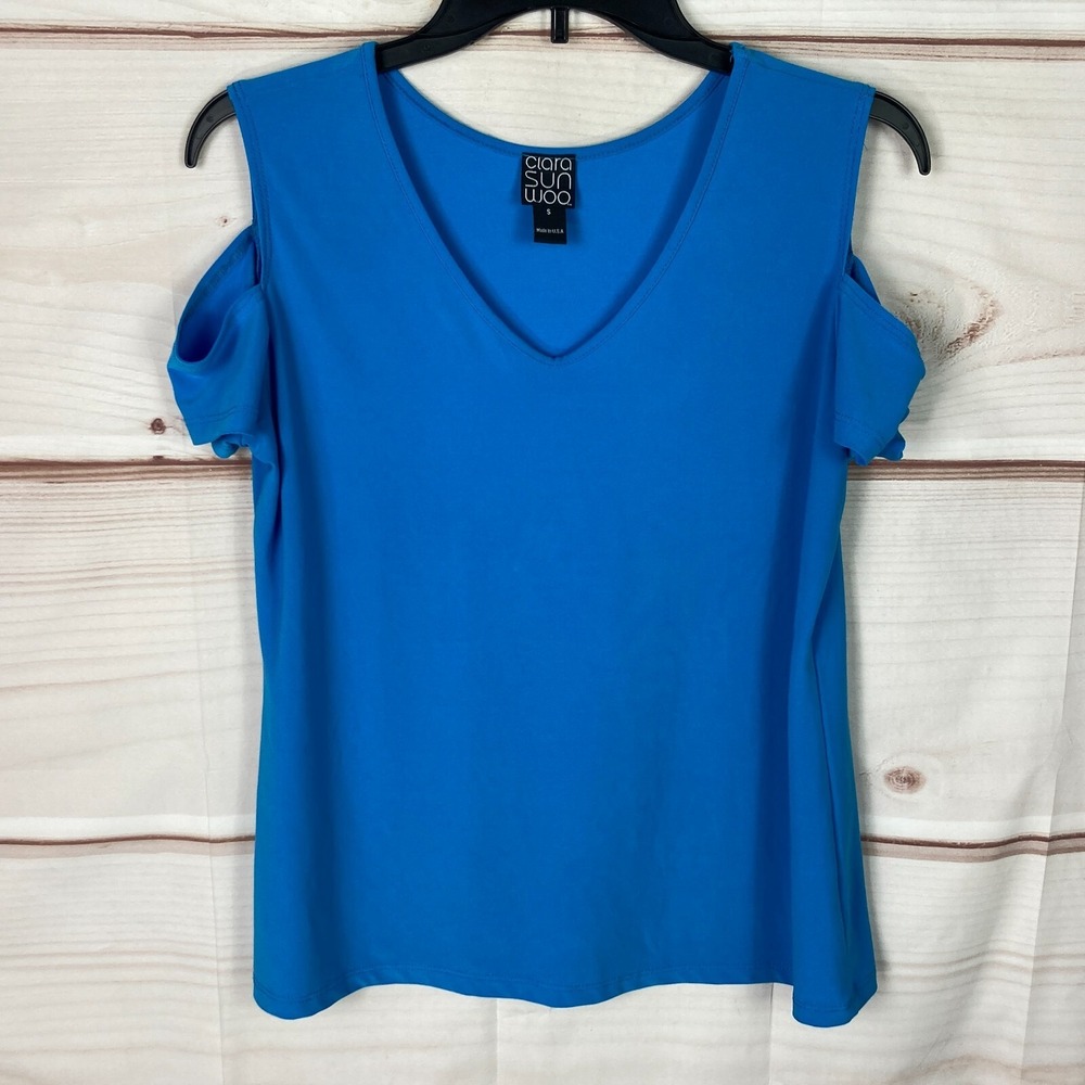Clara Sun Woo Top Womens S Blue Cold Shoulder Blouse Knit V-Neck Solid Pullover